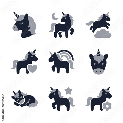 Minimalist Flat Style Various Unicorn Activity Silhouette Element Design Icon Set