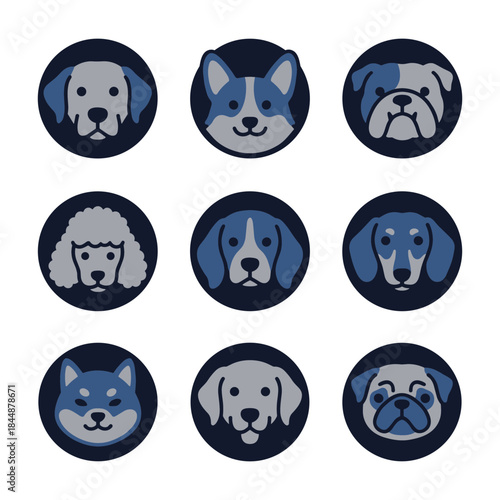 Minimalist Flat Design Cute Various Dog Breed Head Icon Set