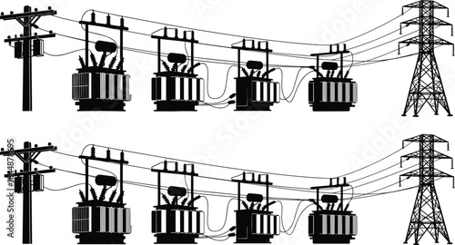 Electrical power distribution system, utility poles, transformers, transmission lines, energy infrastructure, rural grid, black and white illustration, engineering layout, voltage network