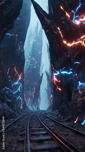 Surreal Cyberpunk Canyon With Glowing Energy Particles And Train Tracks Illuminated By Neon Lights Mysterious Atmosphere
