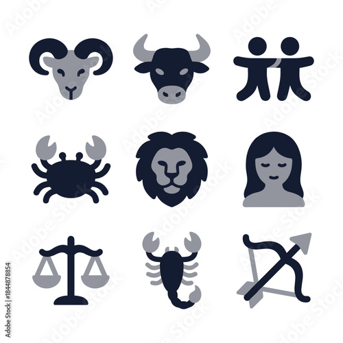 Minimalist Astrological Zodiac Sign Icon Set with Simplified Shape and Symbol