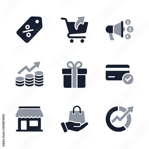 Modern Glyph Style Marketing and Shopping Icons Set with Two Colors