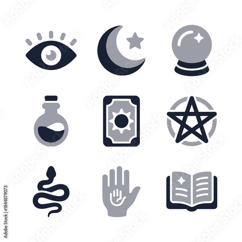 Minimalist Symbolic Occult Object Icons in Two Tones Flat Design Style