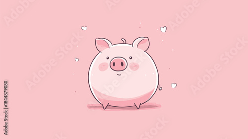 Adorable Pink Pig Illustration with Heart Accents on Pink Background.