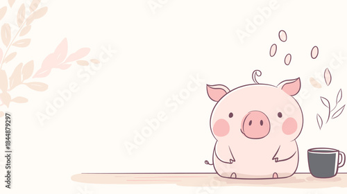 Charming Pig Illustration with Coffee Cup and Delicate Floral Accents.