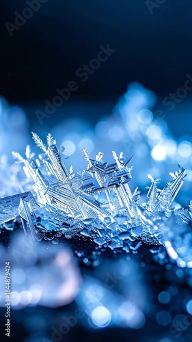 Close Up Macro Shot Of Crystal Ice Formations With Blue Bokeh Background Soft Focus