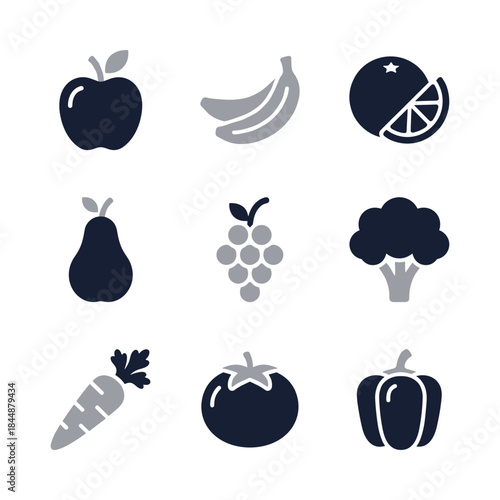 Simple Two Tone Food Icons Set of Fruit and Vegetable Element