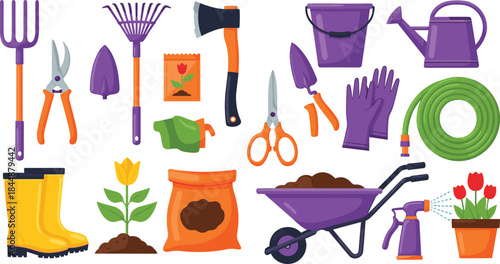 Gardening tools and supplies including pitchfork, gloves, watering can, and flower pot for horticulture, planting, and outdoor activity design