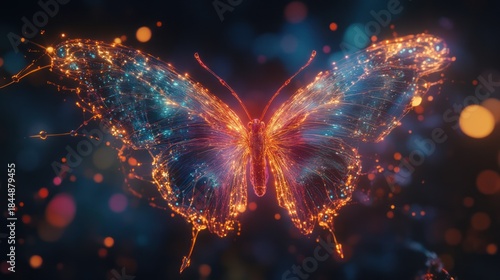 Glowing butterfly, night bokeh, energy, abstract art, website header