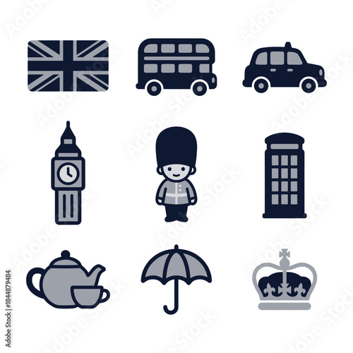 Minimalist Line Art Illustration of Classic United Kingdom Culture Element Icon Set