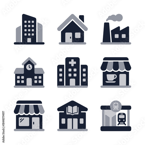 Simple Flat City Building Icon Set Various Community Place Illustration