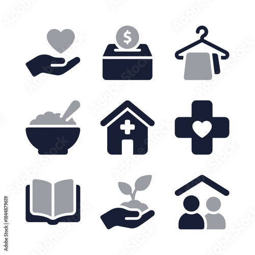 Simple Flat Design Charity and Donation Theme Icon Set Illustration
