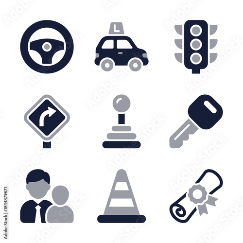 Simple Two Tone Driving School Element Icon Set and Learning Process