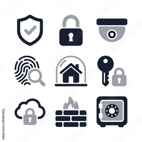 Minimalist Style Security Safety Protection Icons Collection with Solid Colors