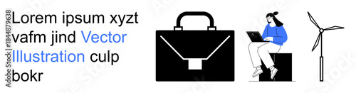 Business solutions, technology, renewable energy, work-from-anywhere, digital tools, sustainability. A briefcase, woman using a laptop and wind turbine. Business and technology-themed concept