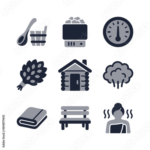 Flat Two Tone Sauna and Spa Element and Decoration Icon Set