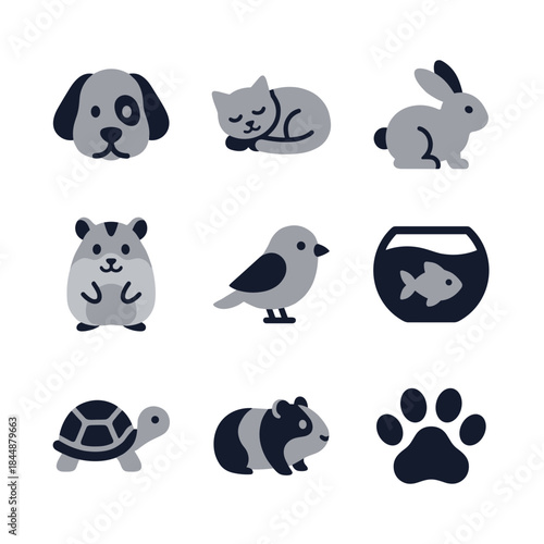 Minimalist Flat Design Collection of Various Pet Animals and Supplies Icon