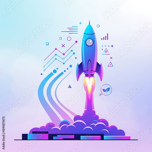 Blue rocket launch with abstract purple smoke and data graph elements on a light background