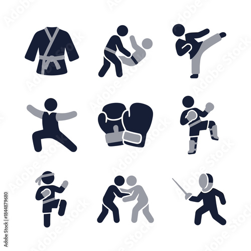 Simple Two Tone Martial Art and Combat Sport Silhouette Icon Set