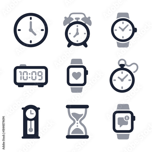 Minimalist Line Art Variety of Timepiece Style Isolated Icon Set