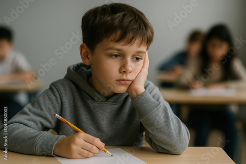 Bored schoolboy daydreaming at desk during classroom assignment, distracted student holding pencil and staring away from test paper