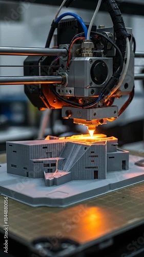 Close Up Of 3D Printer Creating A Miniature Building With Orange Glow And Detailed Texture In A Workshop Setting With Soft Background Lighting