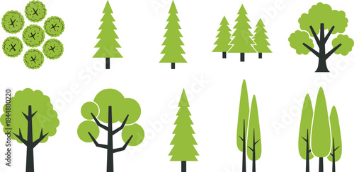 Stylized vector illustrations of various tree types with unique foliage and trunk shapes for nature, forestry, and landscape design projects.