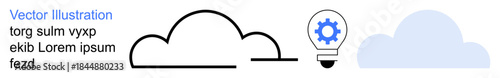 Technology services, creativity, cloud storage, innovation, data processing, and digital solutions. Minimalist cloud shapes and light bulb with cogwheel. Technology services and creativity theme