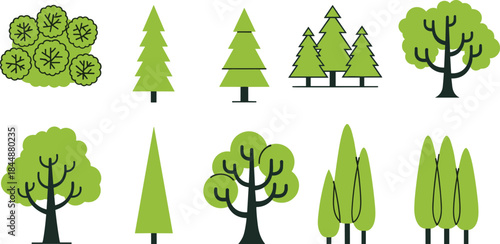 Stylized vector illustrations of diverse trees with unique foliage and trunk designs for nature graphics, forestry projects, and environmental layouts.