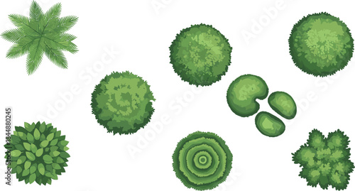 Top-down vector illustrations of stylized green shrubs and bushes for landscape design, garden planning, architectural layouts, and vegetation mapping use.