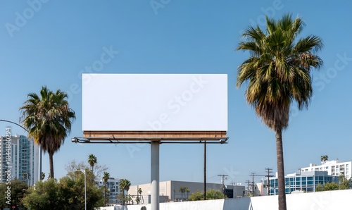  daytime billboard mockup Los Angeles, massive blank white screen on classic rooftop billboard