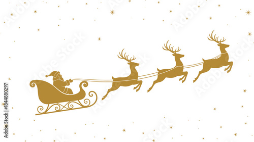 Golden Santa sleigh and reindeer silhouette with stars and snowflakes for festive Christmas holiday vector illustration