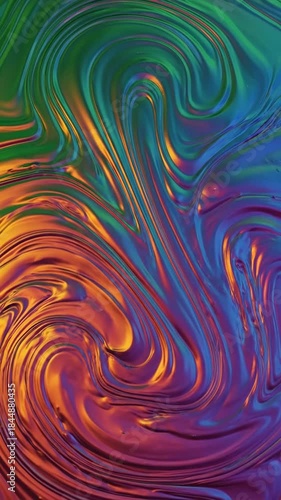 Iridescent Fluid Abstract Swirls With Metallic Sheen And Vibrant Color Gradients Of Green Blue Orange And Purple