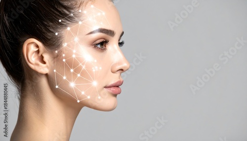 Futuristic Facial Scan of Beautiful Woman with Connected Lines and Dots Forming Face Muscle Structure for Skincare and Cosmetic Technology