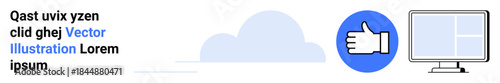 Cloud computing, digital communication, approval, web design, remote work, online interaction. ion of a cloud, a thumbs-up icon and a computer screen. Cloud computing and digital communication