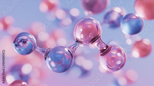 molecules on pink blue background. Abstract molecule model. Scientific research in molecular chemistry. Collagen Skin Serum, hyaluronic acid, peptides cosmetics skin care cosmetics solution