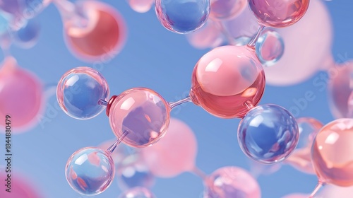 molecules on pink blue background. Abstract molecule model. Scientific research in molecular chemistry. Collagen Skin Serum, hyaluronic acid, peptides cosmetics skin care cosmetics solution