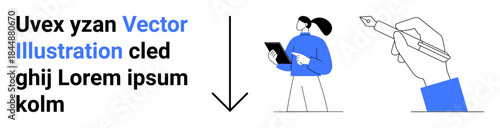 Business solutions, creativity, teamwork, productivity, professional tools, and communication. A person using a tablet and a hand holding a pen. Business solutions and creativity concept