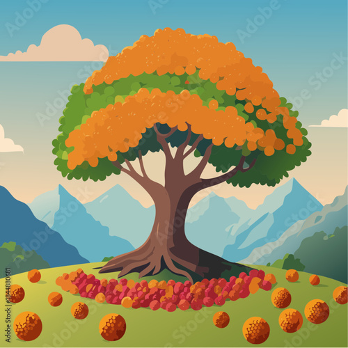 Rudraksha tree in the Himalayas, full of rudraksha seeds around it;