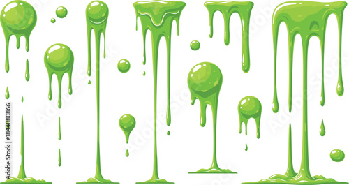 Green Dripping Slime Set Vector Collection Liquid Goo Dripping Paint Toxic Mucus Halloween Sticky Spooky Cartoon Graphic Design Element.