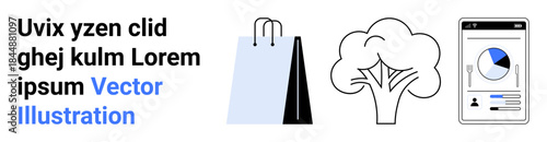 E-commerce, sustainability, digital analytics, consumer behavior, retail, environmental awareness. Shopping bag, tree and mobile app with analytics. E-commerce and sustainability