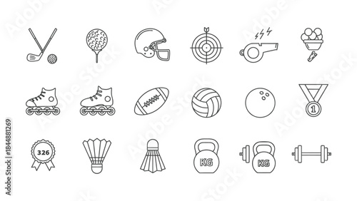 Sports and fitness line icons set representing various athletic equipment and awards