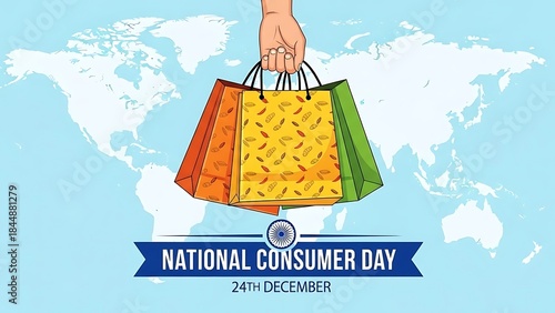 National Consumer Day - Global Shopping Celebration with Hand Holding Colorful Bags.