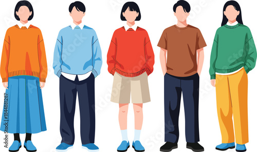 Flat vector illustration of diverse young people standing together, casual fashion outfits, modern lifestyle characters isolated on white background design