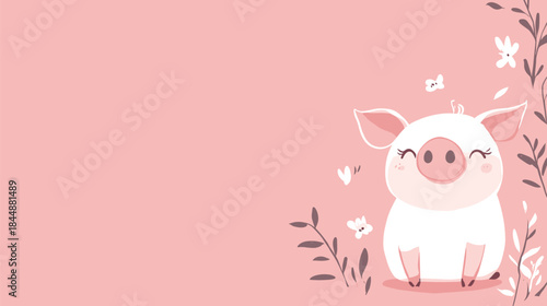 Adorable Piglet Illustration with Floral Accents on Pink Background.