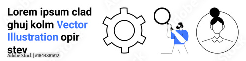 Gear for process, man with magnifying glass for exploration, and outline of a person for individuality. Ideal for innovation, technology, research, teamwork, creativity, profile simple landing page