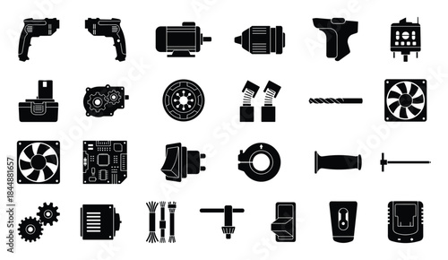 Mechanical Parts Line Art Collection: Engine, Motor, Fan, Gear, Drill Set