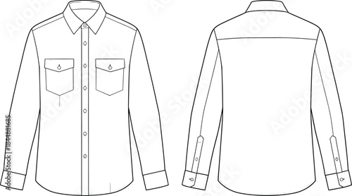 Men long sleeve shirt technical flat sketch, front and back view, fashion design template, cad drawing flat vector illustration apparel