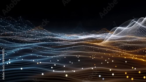 Abstract Digital Landscape with Glowing Particles and Wavy Light Forms