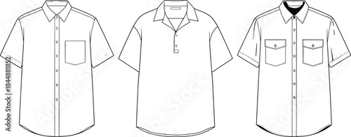 Men short sleeve shirt technical flat sketches showing different collar and pocket styles fashion design vector illustration template